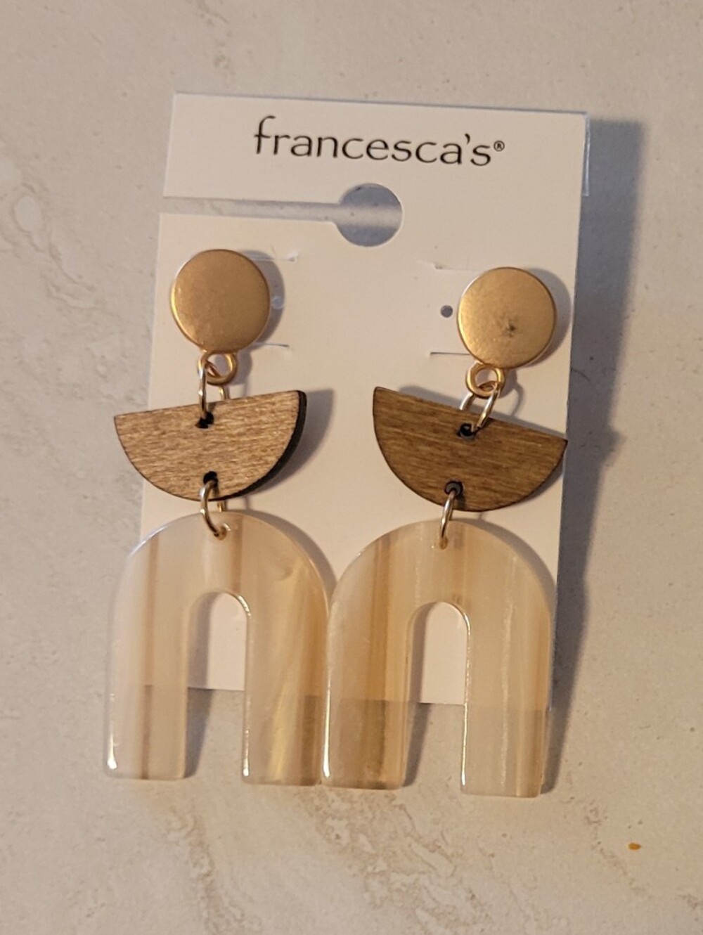 NWT Francesca's Boho Geometric Drop Earrings Gold Tone Wood Arch Semicircle